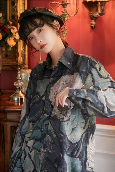 

2021 new autumn painting green long sleeve blouse women button up loose shirt floral print fashion vintage fall clothes 58ol, White