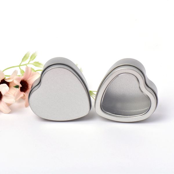 

jewelry candy sweet packaging boxes empty heart shaped silver metal tins with clear window for candle