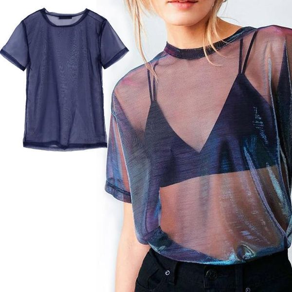 

chic mesh tee see-through t-shirts perspective casual vintage blusa fashion new drop shipping, White