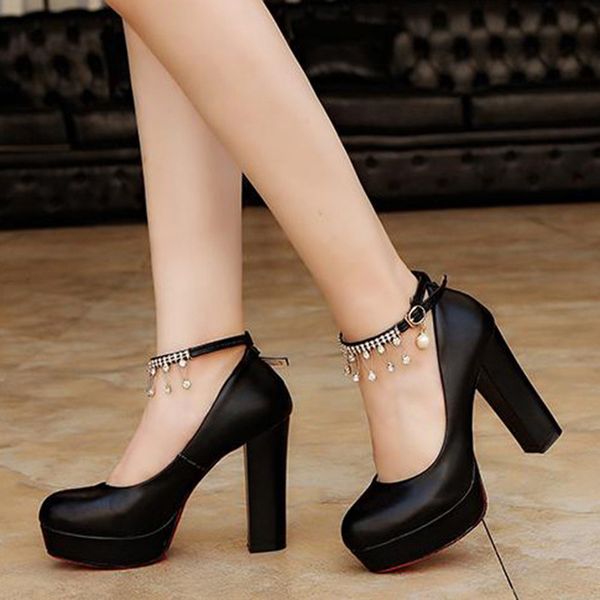

Women Bridal Shoes Super High Heels Pumps String Bead Ankle Strap Platform Pump Dress Shoes Wedding Shoes zapatos mujer 3345Dress, Blacksuper