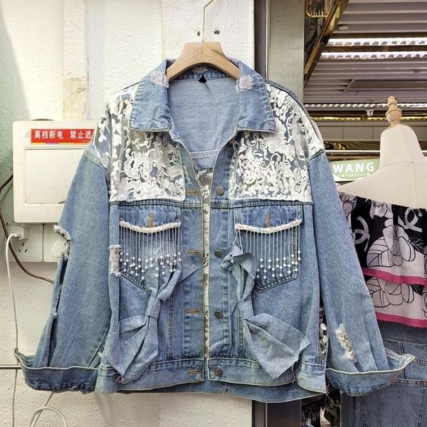 

women's jackets heavy work net yarn hook flower hollow denim jacket autumn bow beaded tassel hole jeans female loose casual veste femme, Black;brown