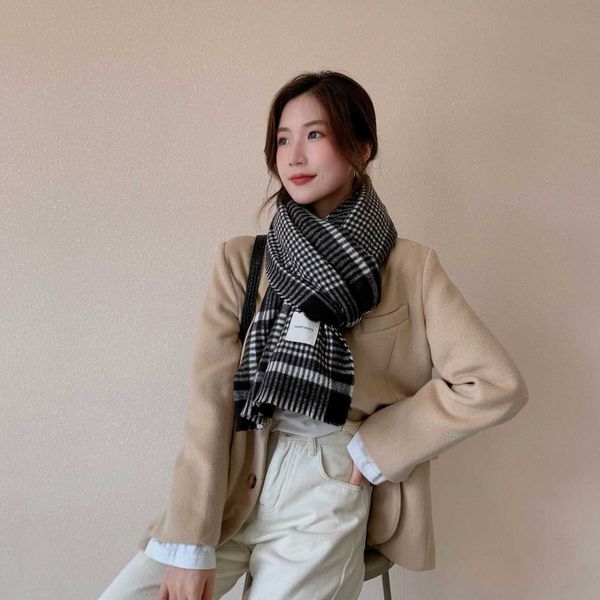 

korean plaid nordic pastoral versatile fashion warm thickened female label student autumn and winter scarf, Blue;gray