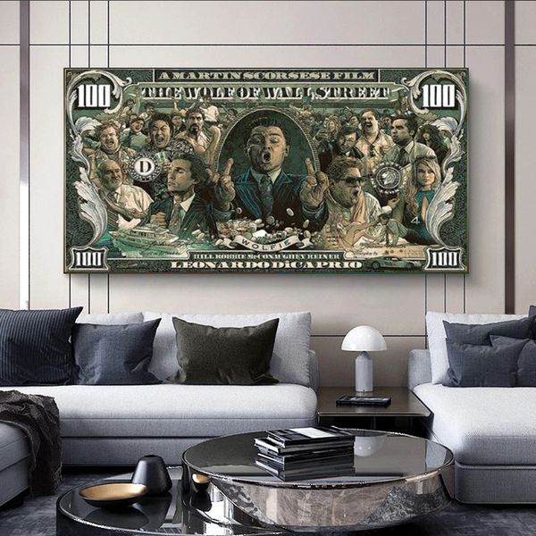 Graffiti Street Money Art 100 Dollar Leinwandgemälde Poster und Drucke Wolf of Wall Street Pop Art für Wohnzimmerdekoration