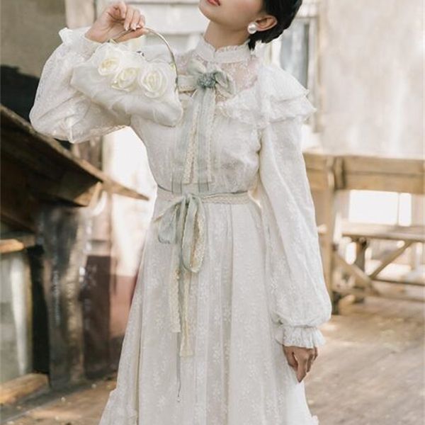 

2020 autumn winter new arrival retro stand collar long sleeve woman gauze lace long dress with brooch y0118, Black;gray