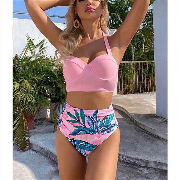 

high waist bikini leaf print swimsuit women push up swimwear female halter bathing suit vintage swimming suit biquini, White;black