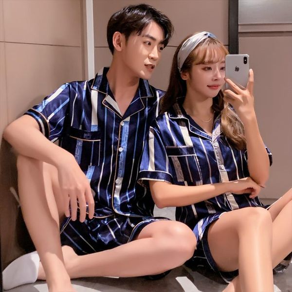 

couple pajamas lovers stripe women sleepwear summer silk pjs home clothes suit men short sleeve satin set loungewear, Black;red