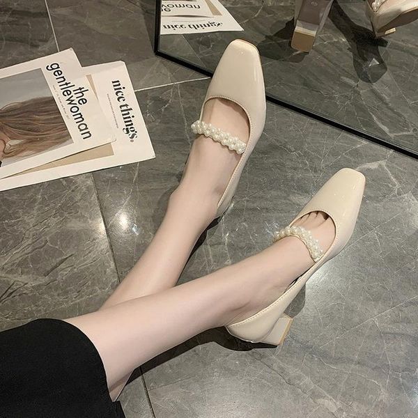 

sandals pearl single shoes women's summer korean temperament bright leather thick high-heel mary jane, Black