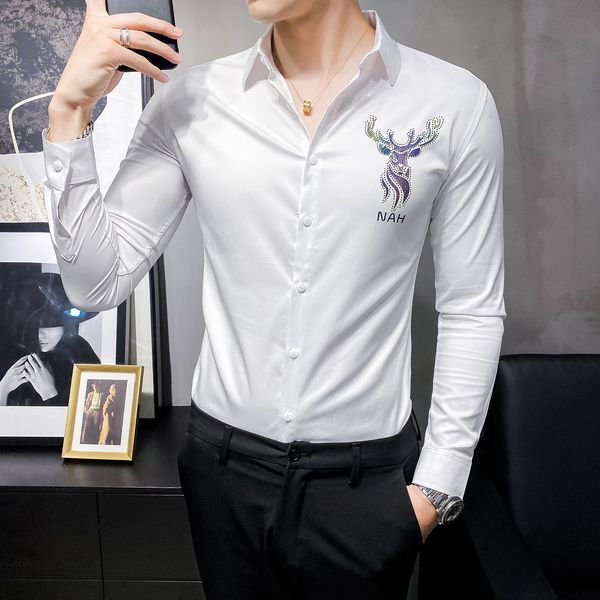 

2021 men dressed in shirts long fine business streetwear social party solid male shirt kjr4, White;black