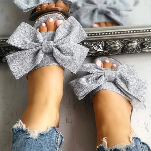 

slippers women bow summer sandals slipper casual flat with slip-on flip flop flower plain summers leisure beach shoes #45, Black