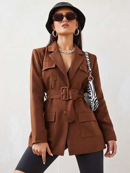 

flap pocket double button belted blazer e81k#, White;black