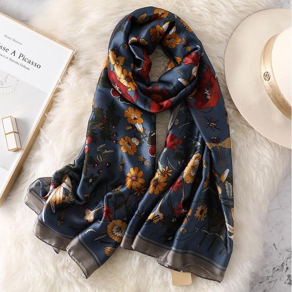

scarves style autumn and winter women classic flower print silk muffler lady beautiful shawl seaside beach wraps hijab, Blue;gray