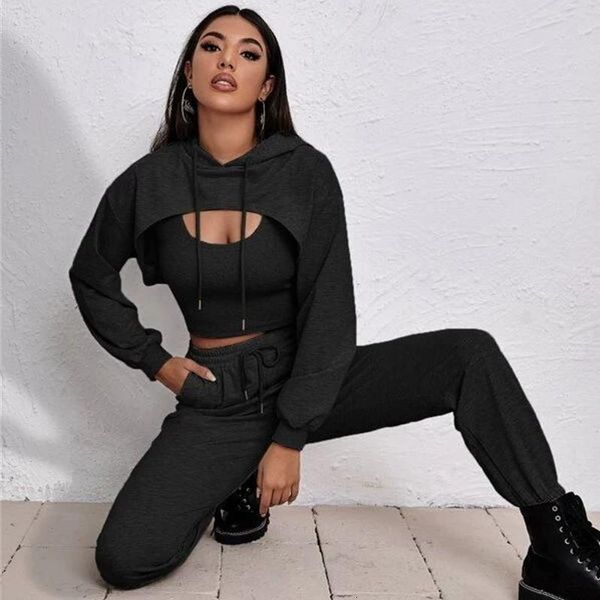 

black women's hoodies with tank pants and new spring sweatpants high street sports clothes two pieces together pgvb, Gray
