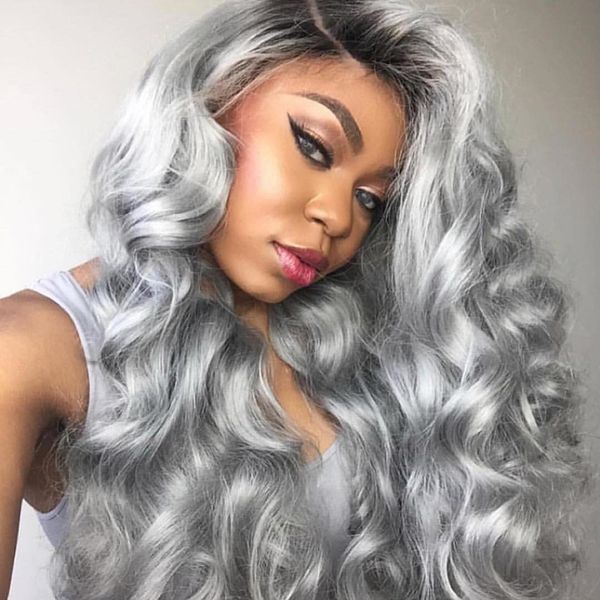 

ombret1b grey brazilian body wavy human hair wigs with baby hair glueless pre plucked lace front wigs for black women, Black;brown