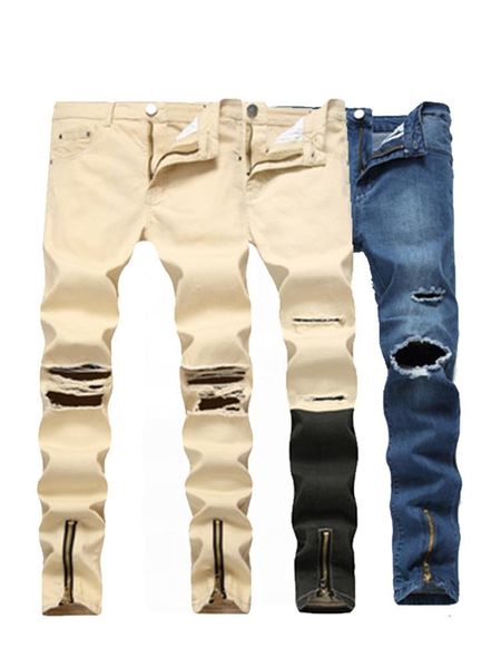 

men's jeans khaki zipper casual stretch skinny ripped pants, Blue