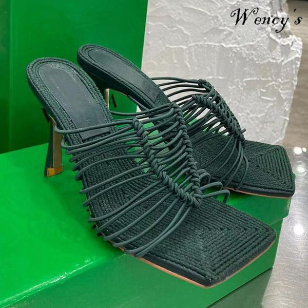 

slippers slides women high heels weave narrow bands design square toe chic 2021 summer designer shoes for ins, Black