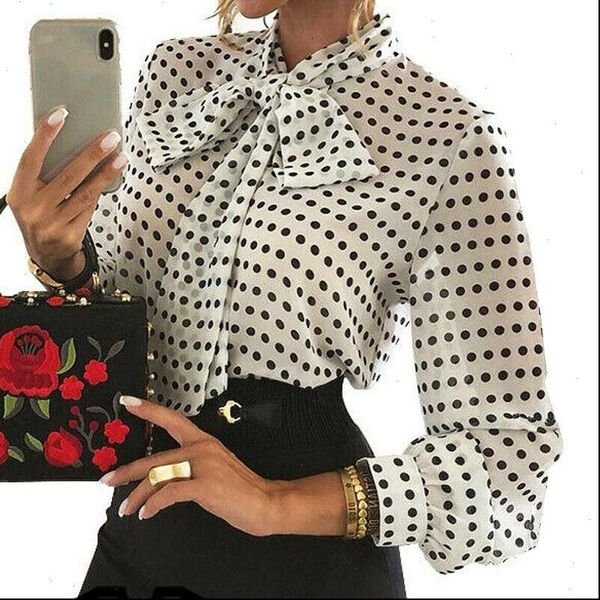 

2021 elegant women polka dot blouses office lady bow tie long sleeve shirts fashion puff sleeve chiffon blouses, White