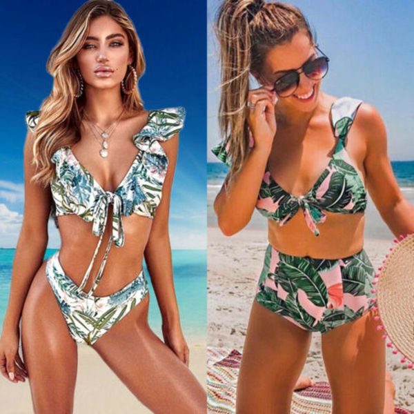 

salewomen badmode on 2021 push-up bikini set plant print ruffle v-neck bandage bh badpak beachwear, White;black