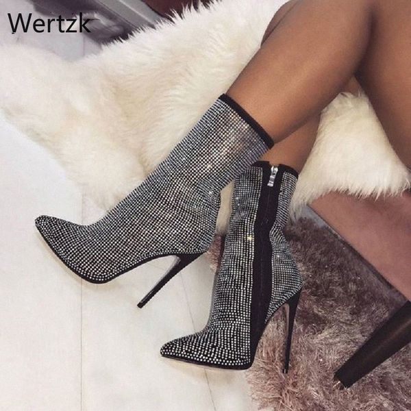 

women ankle boots plus size 35 42 rhinestones high heels shoes woman zip pointed toe motorcycle boots for females b217 s0vu#, Black