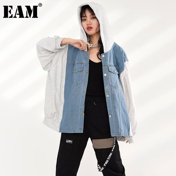 

women's jackets [eam] loose denim big size gray oversized jacket hooded long sleeve women coat fashion tide spring autumn 2021 88502, Black;brown