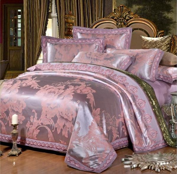 

bedding sets royal set luxury peony jacquard bed king  size lace satin quilt/duvet cover sheet pillow cases cotton