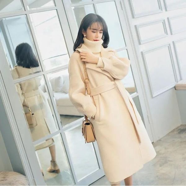 

women's wool & blends long office lady pink fashion women warm fall winter woolen blend lantern sleeve elegant coat female loose work w, Black