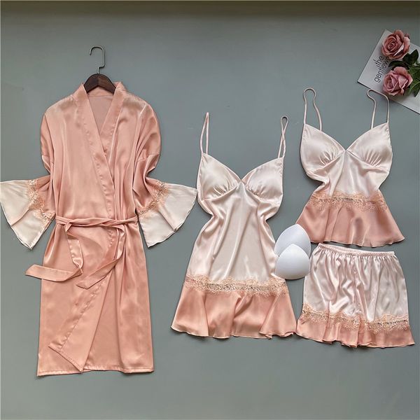 

orange sweet lace trim 4pcs pajamas lady lounge nightwear strap short home wear spring autumn faux slik sleepwear d9db, Black;red