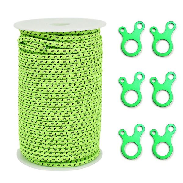 

outdoor gadgets 50m 2.5mm/4mm tent rope with 6 guyline adjusters tensioners for awning reflective umbrella rope+green buckle