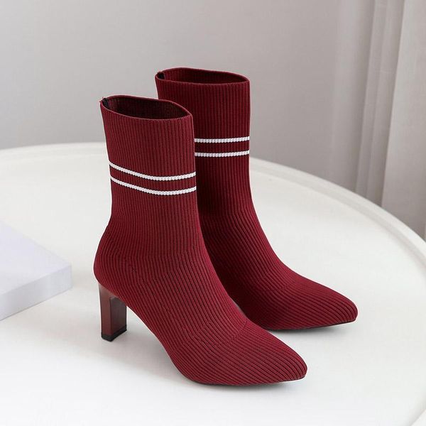 

boots knitting high heels dress shoes 2021 pointed toe fashion booties black striped stretch fabric botas mujer 8562g