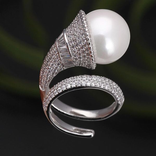

cluster rings bride talk 2021 trendy horn-shaped round pearl wedding party micro pave cubic zircon jewelry for women dress accessories, Golden;silver