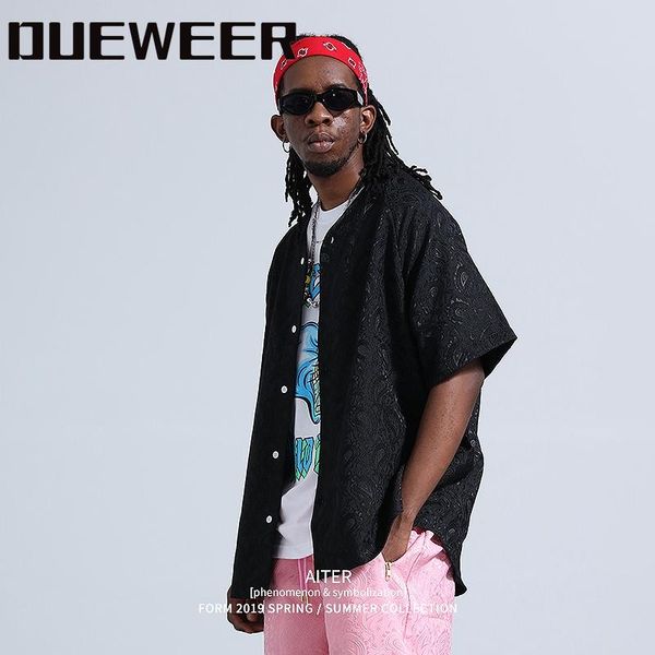 

dueweer balck blue vintage hip hop shirt silk streetwear shirt paisley floral summer beach hawaiian shirts short sleeve, White;black
