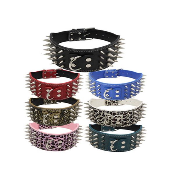 

3" wide spiked dog collars leather 4 rows spikes 10 colors for m l breeds pet