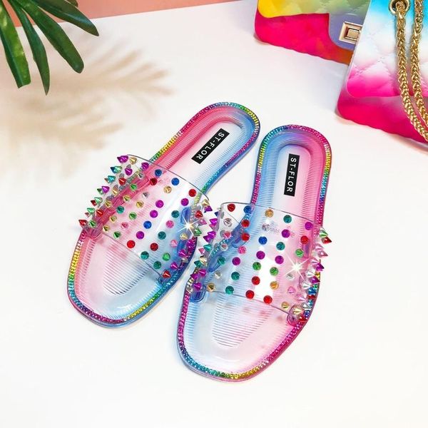 

slippers women slides fashionable transparent crystal color flat bottom waterproof travel beach jelly shoes woman flip flops, Black