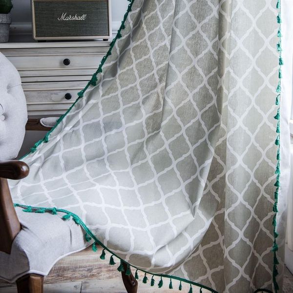 

curtain & drapes finished geometric printing green fringed window kitchen cotton linen semi shading bay