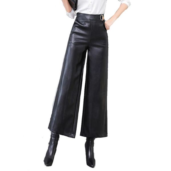 

women's pants & capris women 2021 loose flare straight full length pu plus size all matching zipper wide leg black fs0728, Black;white