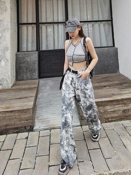 

women's jeans women ink printing wide leg pants 2021 summer higha waist trousers casual loose female denim, Blue