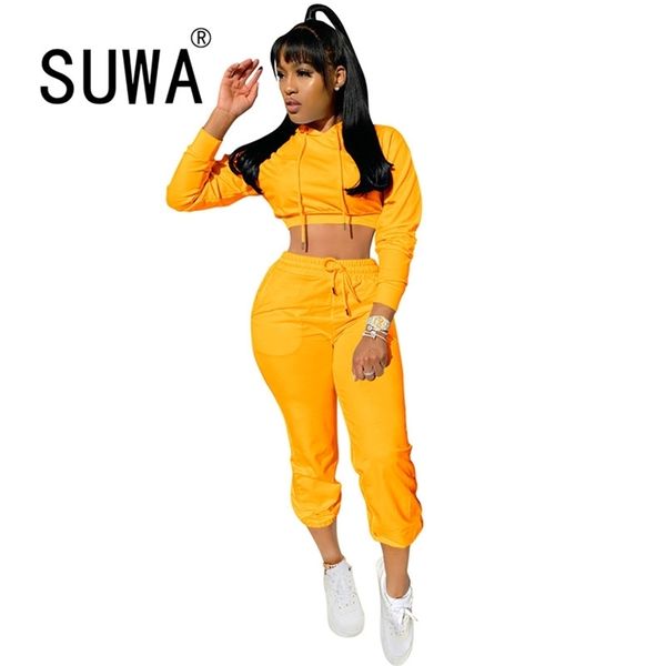 

cool girl fall winter fashion two piece clothes for women sets solid color hoodies sweatshirt baggy pants fitness wear 210525, White