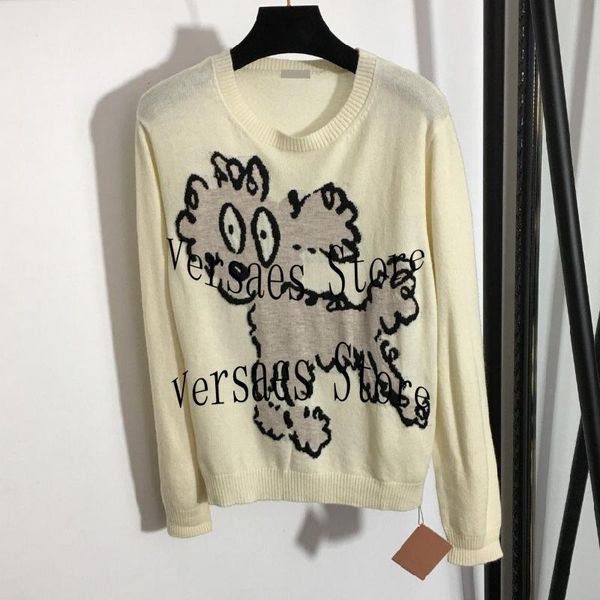 

women's sweaters 2021 luxury design small flower dog printing fashion long sleeve pullover temperament versatile loose knit sweater, White;black