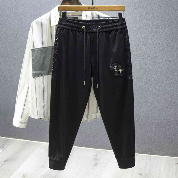 

casual pants men's 2021 autumn fashion brand cross text embroidery silk slip feeling sports leggings, Black
