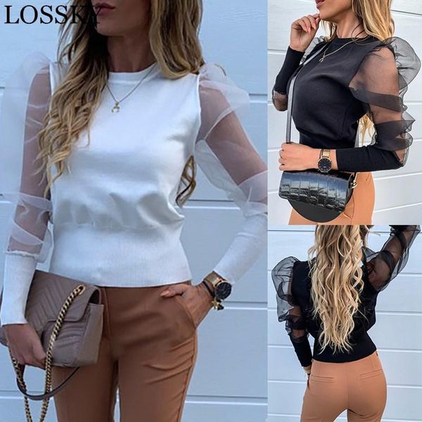 

women's mesh patchwork see-through blouse long puff sleeve o neck white black shirts chic vintage short shirt blusa