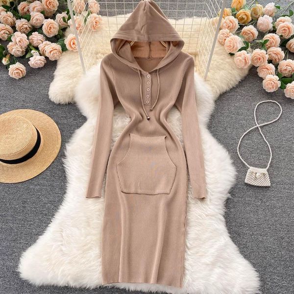 

casual dresses croysier 2021 knitted bodycon dress kangaroo pocket hooded long sleeve winter women clothing ribbed sweater, Black;gray