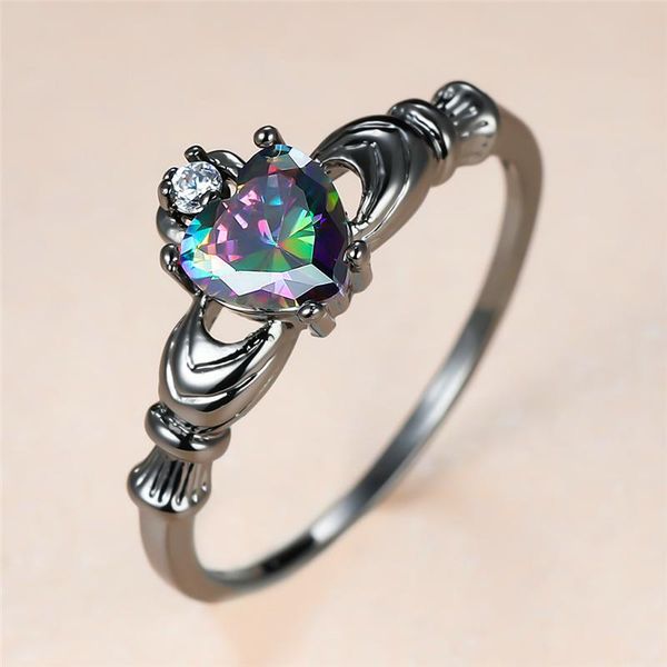 

wedding rings vintage female rainbow heart crystal ring charm 14kt black gold for women cute bride round zircon engagement, Slivery;golden