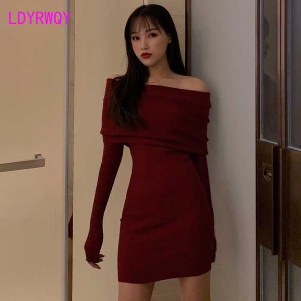 

[ldyrwqy] women's retro long sleeve temperament knitting waist slim single neck bottoming dress 210603, Black;gray