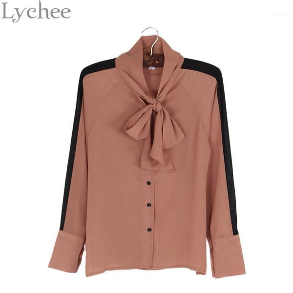 

women's blouses & shirts lychee elegant spring autumn women blouse bow tie contrast color chiffon casual loose long sleeve shirt, White