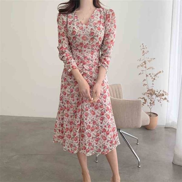 

chic ol floral gentle fashion lady printed v-neck korean sweet pink all match slim long dresses vestidos 210525, Black;gray
