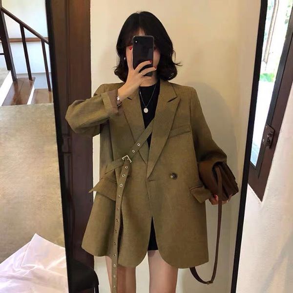 

women's suits & blazers 2021 spring and autumn design sense minority suit coat middle long han style retro casual loose, White;black