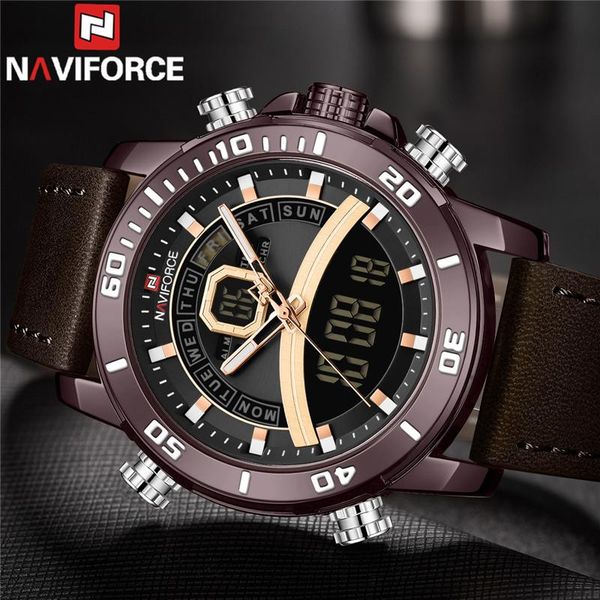 

wristwatches naviforce digital men watch sport man wristwatch military genuine leather led quartz dial male clock 9181, Slivery;brown