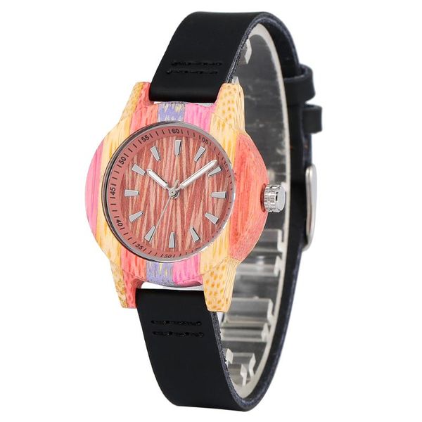 

wristwatches yisuya fashion bamboo wooden watch female black leather band dial display case woman watches wristwatch gift, Slivery;brown