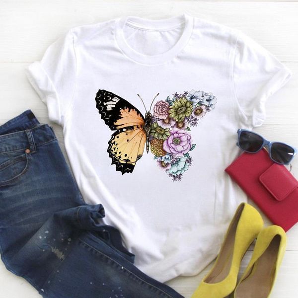 

women butterfly flower clothing print short sleeve ladies summer t tee female shirt clothes tshirt womens graphic t-shirt, White