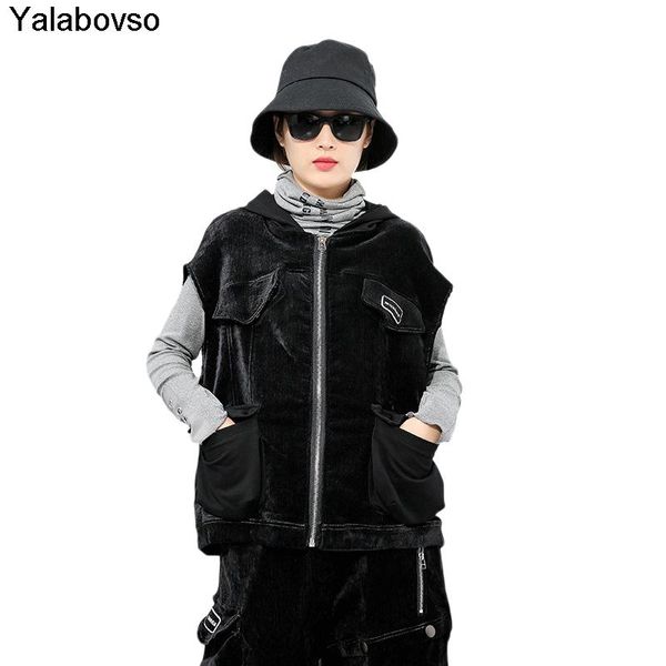 

2021 winter new zipper stitching warm thick hooded streetwear vest solid color with hat for women, Black;white