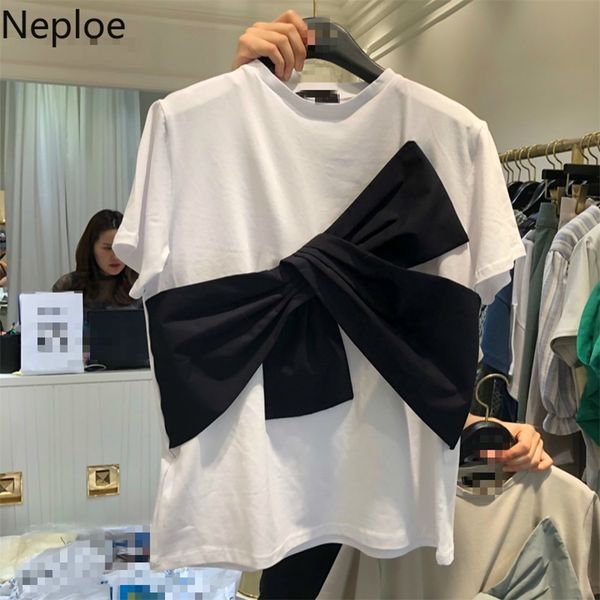 Neploe Bow-Knot Colore a contrasto T-shirt da donna Dolce O Collo Manica corta da donna T-shirt Moda donna in cotone coreano Top A10057 210315